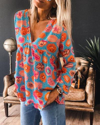 Long Sleeve Polyester V-Neck Floral Print Blouses