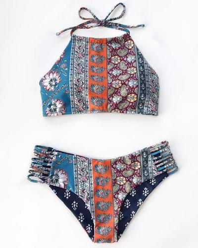 Women's Halter Bikini Set Cut Floral Print Swimsuit