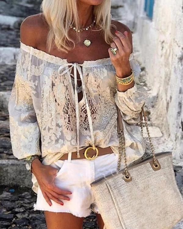 olid Lace Off the Shoulder Long Sleeves Casual Sexy Blouses