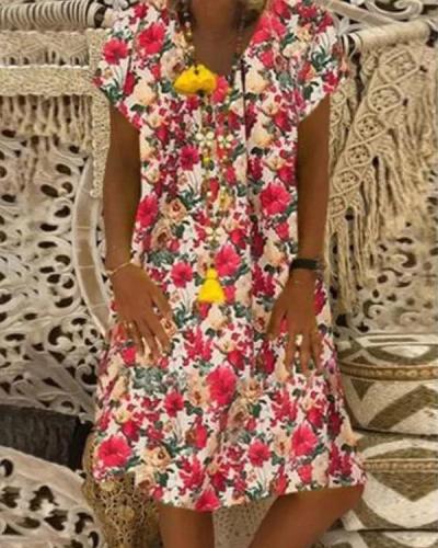 Casual Floral Tunic V-Neckline Shift Dress