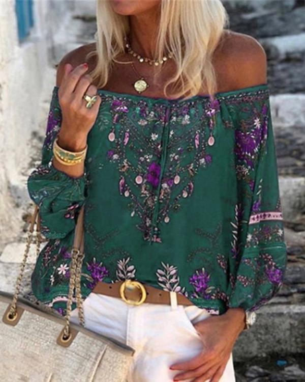 Print Off the Shoulder Long Sleeves Casual Blouses