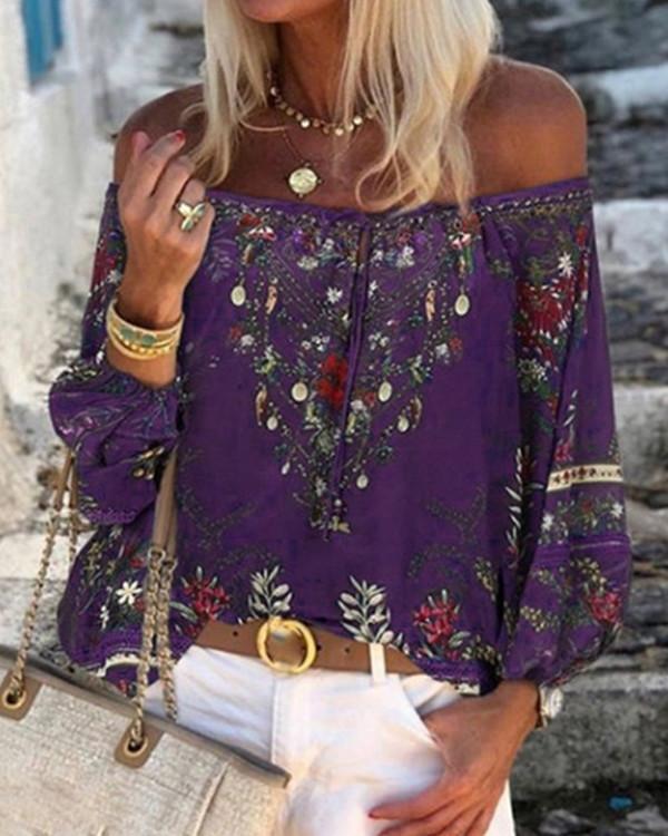 Print Off the Shoulder Long Sleeves Casual Blouses