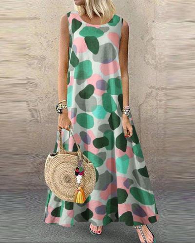 Womens Casual Loose Printed Round-Neck Sleeveless Long Dress