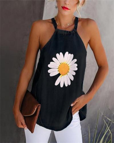 Printed Crew Neck Sleeveless Tank Tops