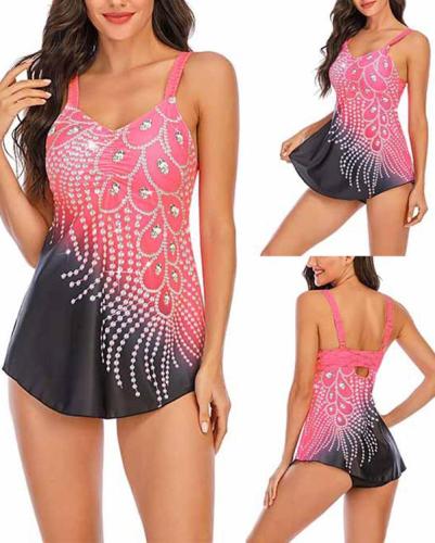 Feather Print Split Plus Size Tankini Swimsuit