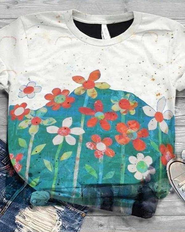 Vintage Graphic Print Paneled Short Sleeves T-shirt