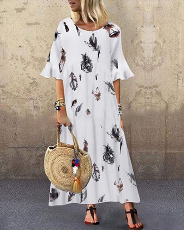 Loose Retro Feather Print Round Neck Short Sleeve Long Dress