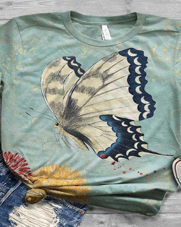 Vintage Graphic Print Paneled Short Sleeves T-shirt