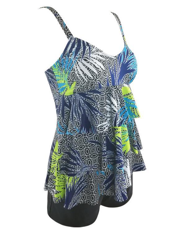 Leaf Print Feminine Layered Tankini Swimsuit