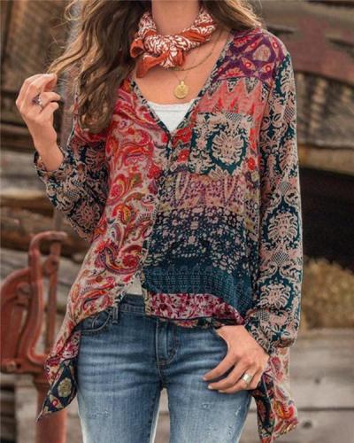 V Neck Fall Floral Designer Casual Shirts & Tops