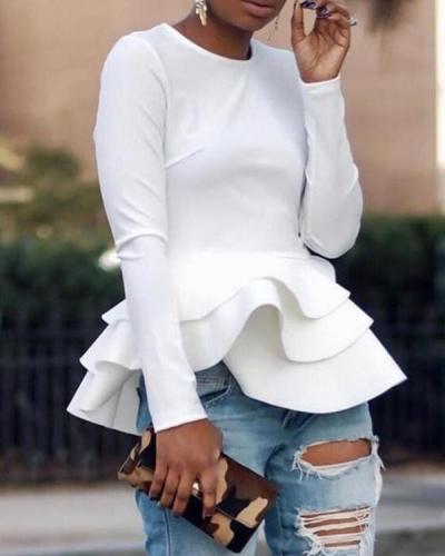 Solid Long Sleeve Layered Ruffles Blouse