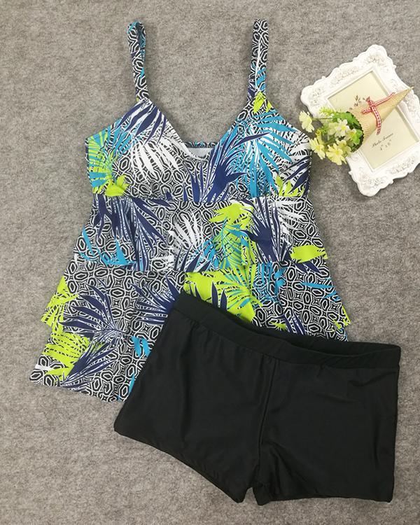 Leaf Print Feminine Layered Tankini Swimsuit