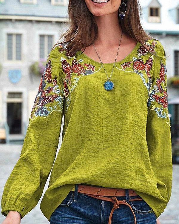 Vintage Embroidery Floral Long Sleeve Casual Blouse