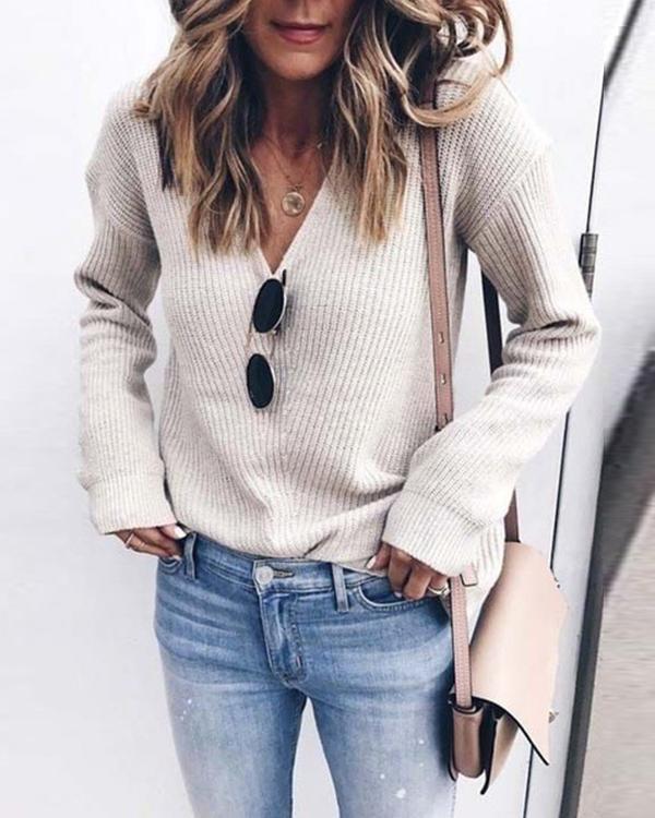 V-neck Solid Long Sleeve Sweater
