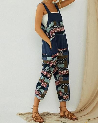 Contrast Color Floral Print Patchwork Straps Romper For Women