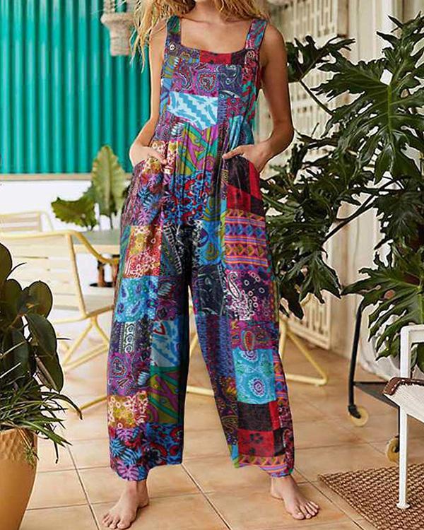 Plus Size Loose Ethnic Print Straps Pockets Vintage Jumpsuit For Women