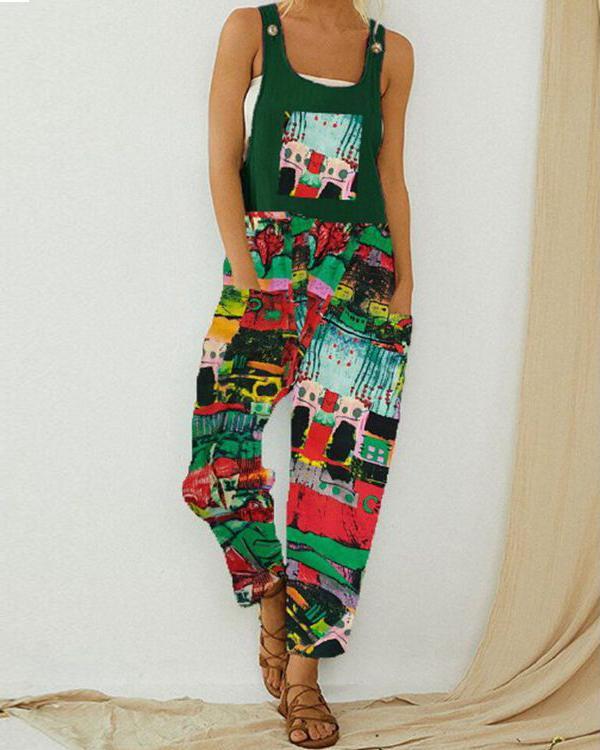 Vintage Printed Straps Jumpsuit With Pocket