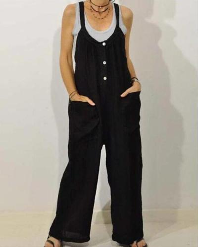 Solid Color Loose Straps Button Jumpsuit With Pocket