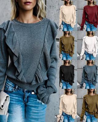 Ruffle Women Solid Casual Round Neck Shirts & Tops