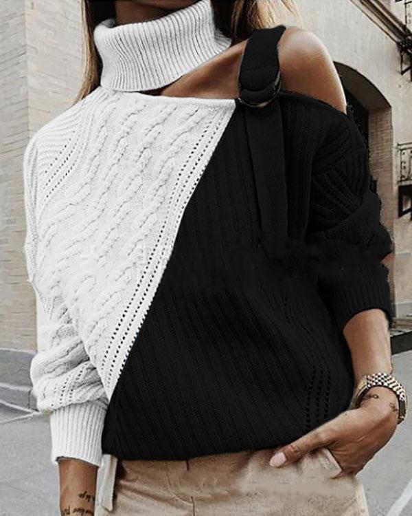 Women's off-the-shoulder long sleeve colorblock sweater