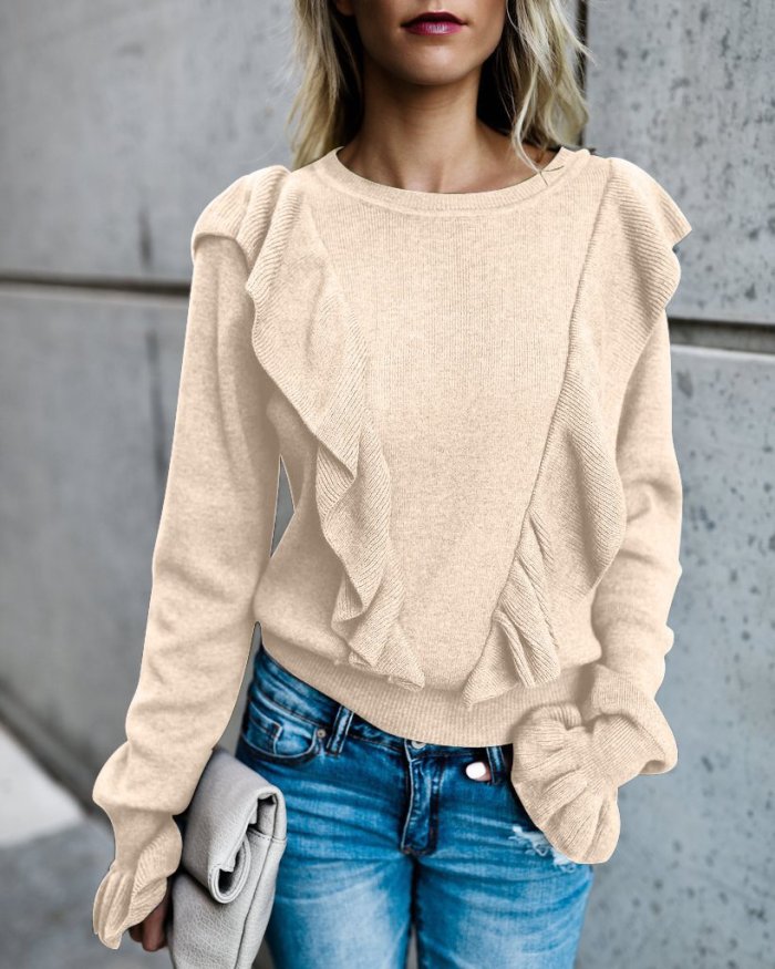 Ruffle Women Solid Casual Round Neck Shirts & Tops
