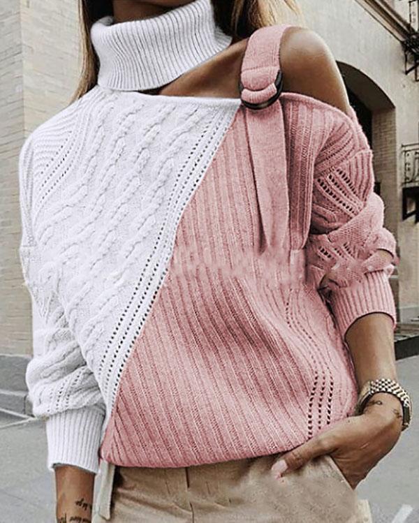 Women's off-the-shoulder long sleeve colorblock sweater
