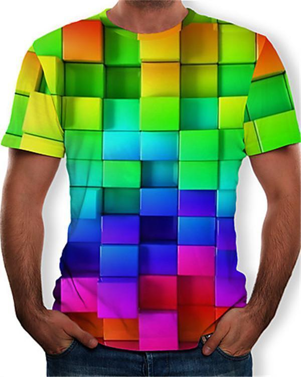 Men's Cotton Geometric Colorful 3D Print Round Neck Rainbow T-shirt