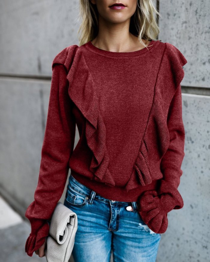 Ruffle Women Solid Casual Round Neck Shirts & Tops