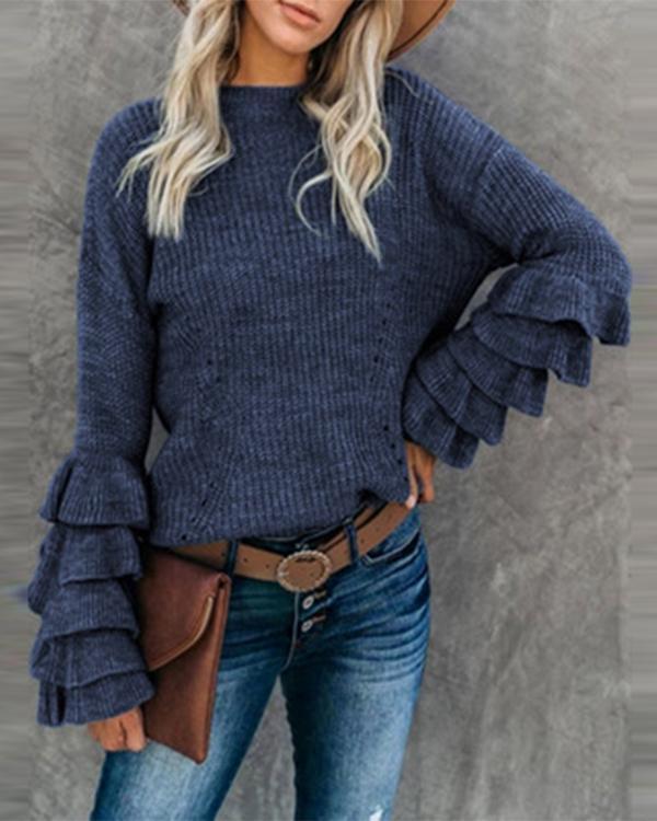 Women's Round Neck Flare Sleeve Multi-Layer Ruffle Sweater