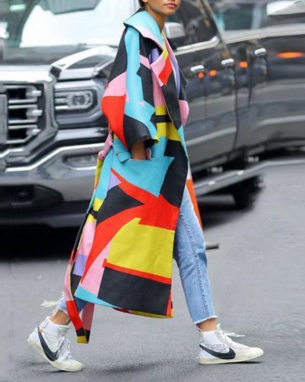 Fashion Geometric Color Printed Coat