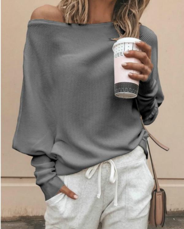 Oblique Neckline Solid Loose Regular Sweaters