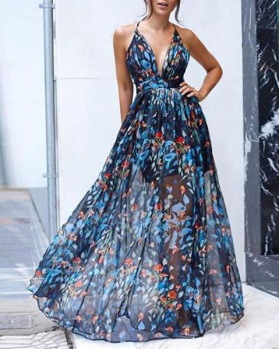 Fashion Sleeveless Backless Mesh Floral Print Maxi Dress