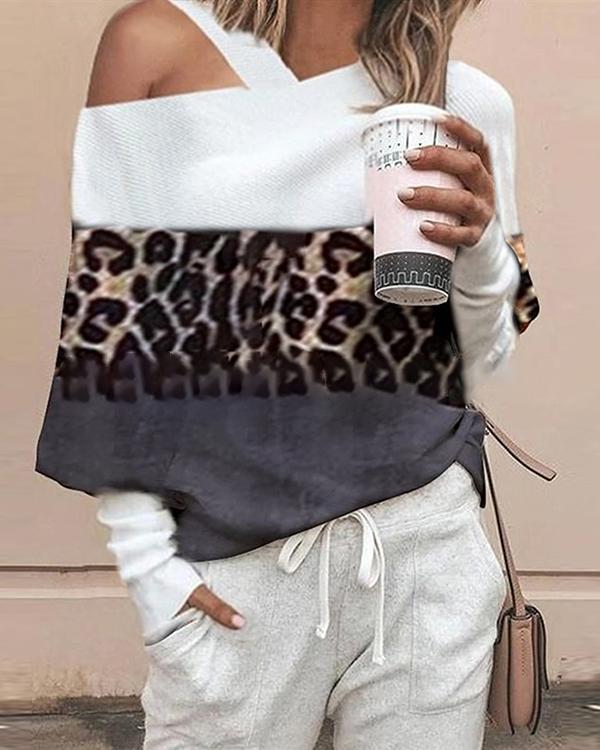 Color Block Leisure Leopard Loose Off Shoulder Tops