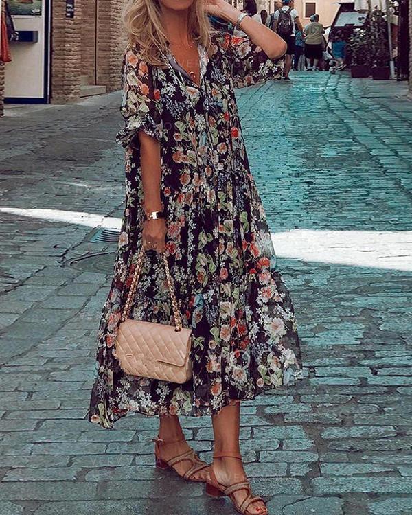 Floral Half Sleeve A-line Casual Vacation Midi Dresses