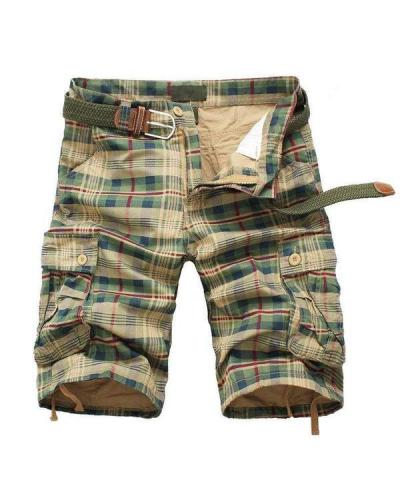Men Summer Plaid Beach Shorts Casual Cargo Multi-Pocket Shorts