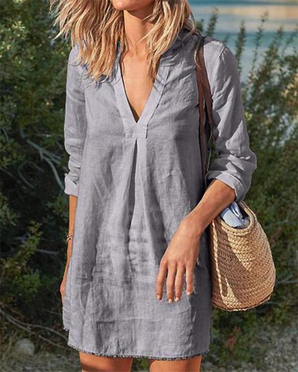 Women Vintage Casual V Neck Solid Linen Dresses