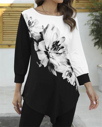 Elegant Floral Print Color-block Casual Irregular T-shirts Tops