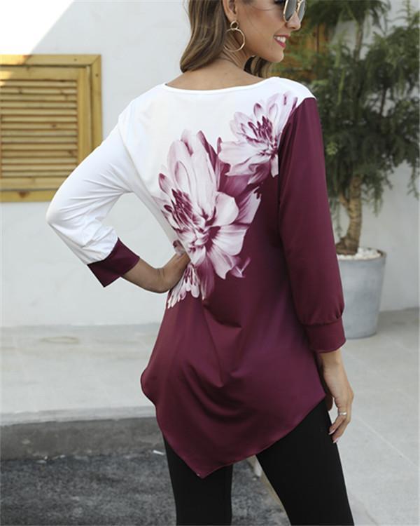 Elegant Floral Print Color-block Casual Irregular T-shirts Tops