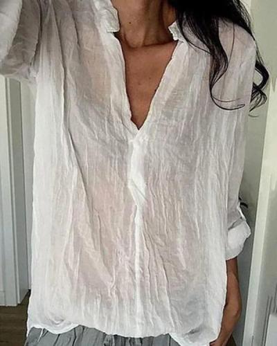 V Neck Long Sleeve Linen Solid Blouses