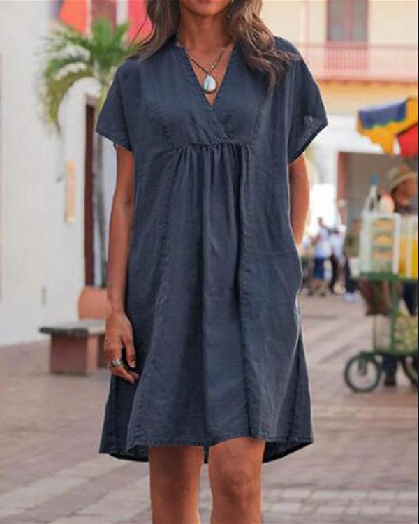 Casual V Neck Solid Woman Linen Dresses