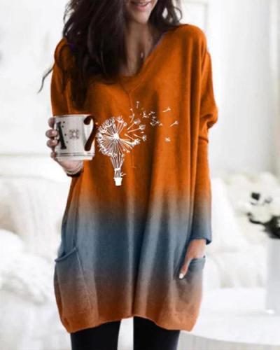 Ombre Print Long Sleeve V Neck Pockets Casual Blouses Tops