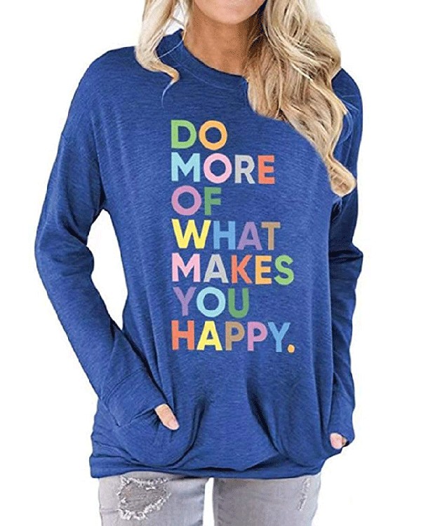 Colorful Letters Printed Pocket Round Neck Long Sleeve T-shirt