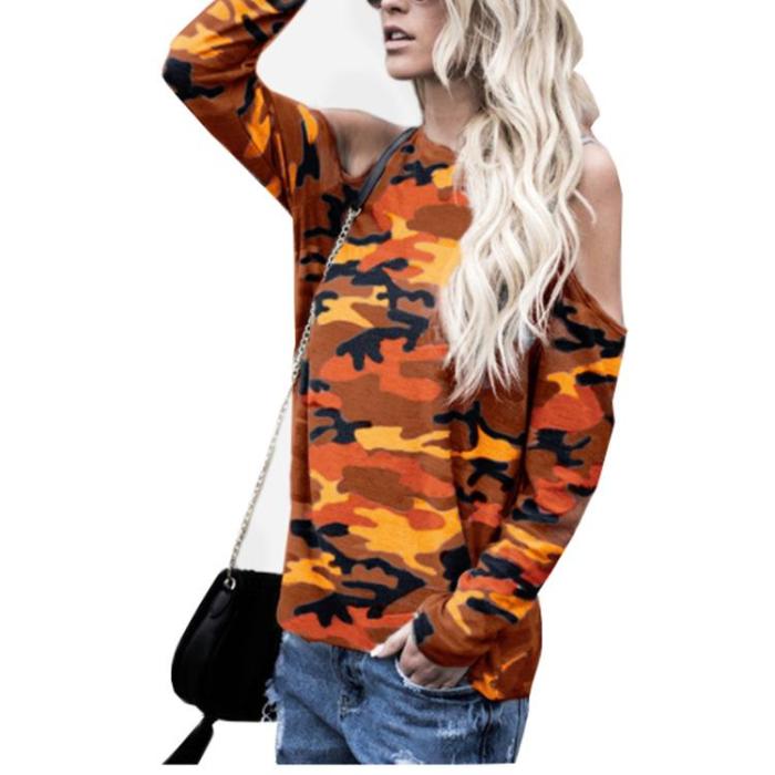 Camouflage Round Neck Cold Shoulder Long Sleeves T-shirt