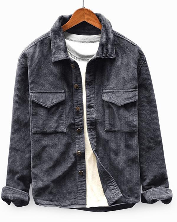 Casual Vintage Turn Down Collar Corduroy Shirt Long Sleeve Button Down Jacket for Men