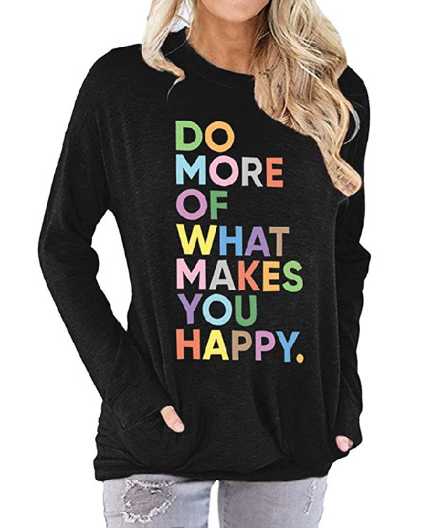 Colorful Letters Printed Pocket Round Neck Long Sleeve T-shirt