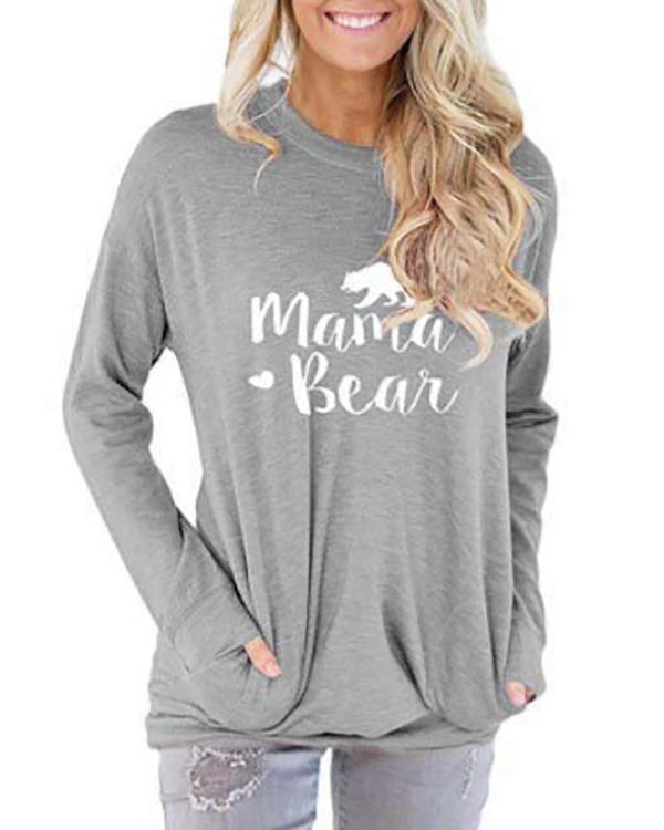 Mama Bear Shirt for Women Long Sleeves Loose Fit Casual Pullover Pocket Blouses