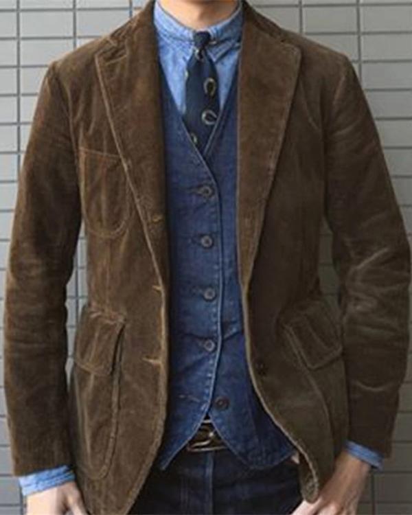 Men's Lapel Solid Color Corduroy Jacket