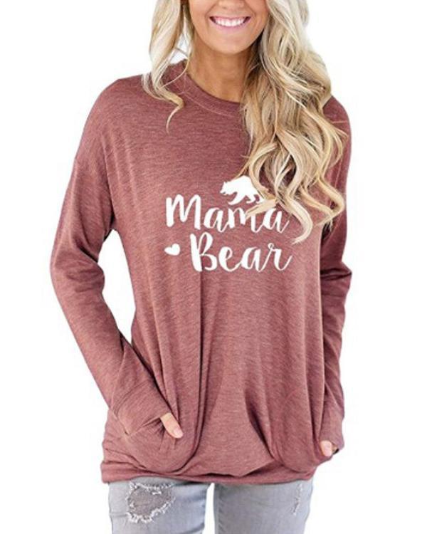 Mama Bear Shirt for Women Long Sleeves Loose Fit Casual Pullover Pocket Blouses