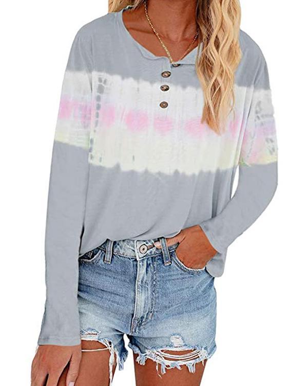 Color Stitching V Neck Button Long Sleeve Loose T-shirts
