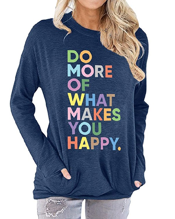 Colorful Letters Printed Pocket Round Neck Long Sleeve T-shirt